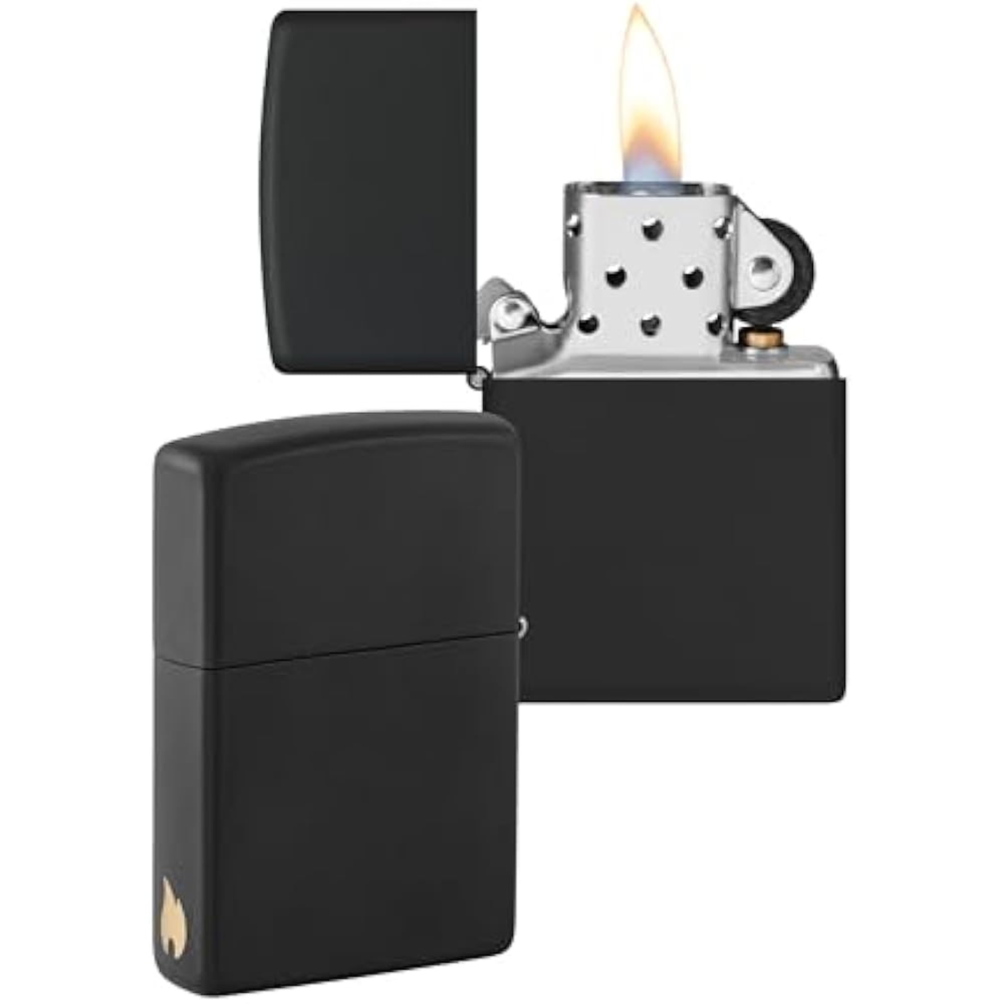 Zippo Sturmfeuerzeug - Black Matte mit seitlicher Flammengravur - Nachfüllbar - Wiederverwendbar - Windfestes Design - Geschenkbox - Made in USA - Amazon Exclusive