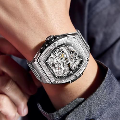 Image of OLEVS Automatic Men's Watches Fashion Diamond Dragon Skeleton Mechanical Self Winding Tourbillon Stainless Steel Waterproof Luminous Watches for Men