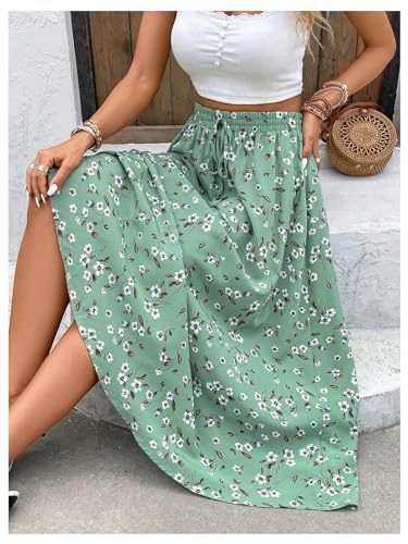 Women's Boho Floral Flowy Midi Skirts Drawstring Waist Graphic Vacation Summer Skirt3