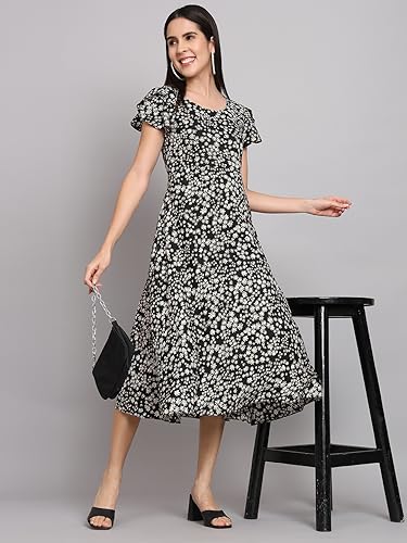 Image of Dream Beauty Fashion Women's Polyester Printed A-line Round Neck Bell Sleeve Knee-Long Dress (Elora-Dress-01)
