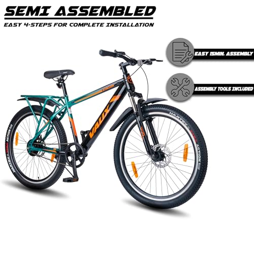 Image of Vaux Stallion-Pro 26inch Cycle for Men with Integrated Carrier IBC| 17 inch Steel Frame| Dual-Tone Colors| Dual Disc Brakes| 26 X 2.4 Nylon Tyres| Front Suspension| Single Speed(Green-Black)