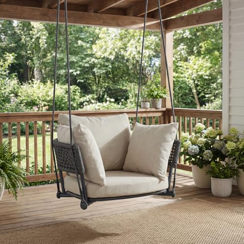 Image of Single Porch Swings Chair with Cushions, Hanging Rope Swing, Hanging Chair for Bedroom, Hammock Chairs Swing Indoor & Outdoor, Macrame Hanging Swinging, Patio, Balcony, Beige
