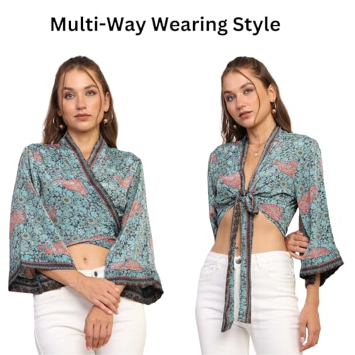 Image of KE KANHA EXPORTS Wrap Top for Woman| Beach Wear for Women|Wrap Tops|Boho Border Print|Kimono Style V Neck|Silky Premium Feel|Multicolor|Easily fits S-M-L|Bust 32-38in|Length 18in|Boho Beach Vibe