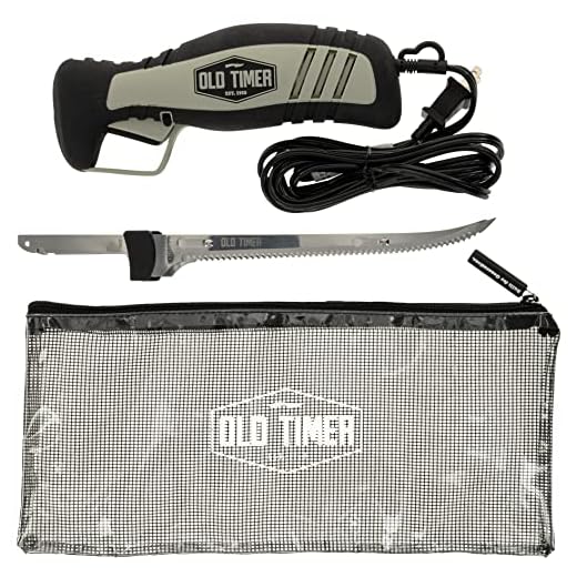 Old Timer 110V Electric Fillet Knife with 8in Stainless Steel Blade, 8ft Cord, Trigger Lock and Carry Case for Outdoor, Hunting, Fishing, and Camping