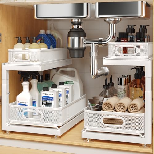 Image of 2-Pack Under Sink Storage Organizer with 2-Tier Slide Out Drawer, Sophisticated Mesh Pull Out Shelf for Kitchen & Bathroom, Fits Small Items, Upgraded Arched Track for Smooth Gliding(Patented)