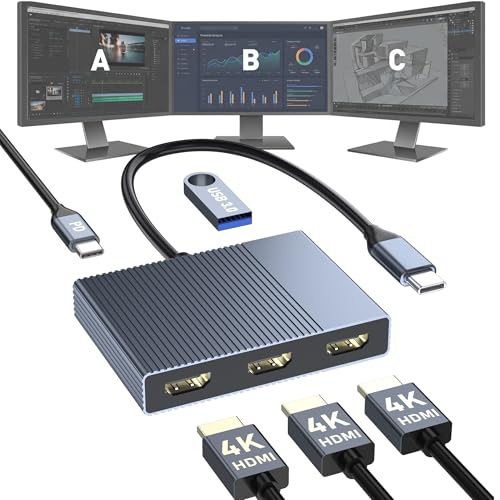 USB C to 3 HDMI Adapter with PD 100W/USB3.0 4K@60Hz 3 Way HDMI Splitter Extended Display for 3 Monitors Triple Monitor Docking Station for Dell/HP/Mac Laptop SST/MST USBC Hub for Multiple Monitors