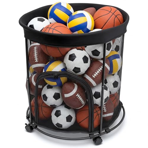 HENMI Upgraded Round Sports Ball Storage Cart – Rolling Ball Holder with Wheels for Basketball Storage & Outdoor Toy Storage, Metal Bin for Garage & School