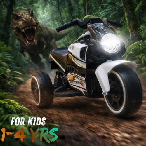 Image of MEKASHI 6V Electric Ride-On Bike for Kids | Storm White | Battery Operated Motorcycle with Bluetooth Music, LED Headlight, Foot Accelerator & Training Wheels | Ride-On Toy for Boys & Girls 1-4 Years