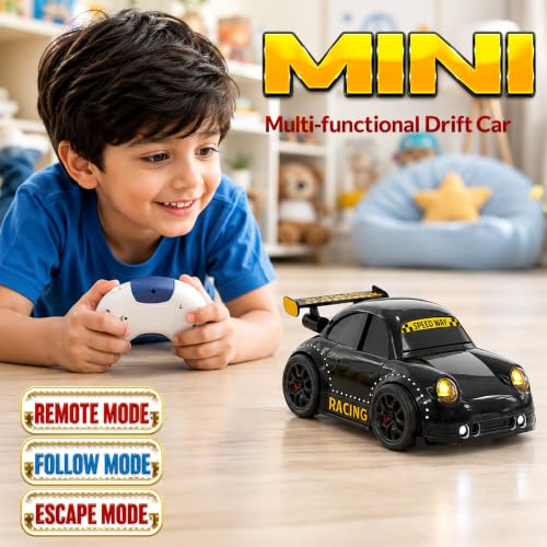 Image of VGRASSP 2.4GHz Rechargeable Mini RC Drift Stunt Car Toy for Kids with LED Headlights and Sound Effects - Interactive Remote Control Racing Car with Follow Me and Escape Mode - Black