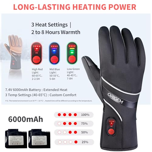 Origem Guanti Riscaldabili Moto Uomo Donna Ultrasottile, 6000mAh Batteria Ricaricabili, Invernali Termici Impermeabile Touchscreen Antiscivolo Riflettente Sottoguanti per Sci Bici Scooter Raynaud