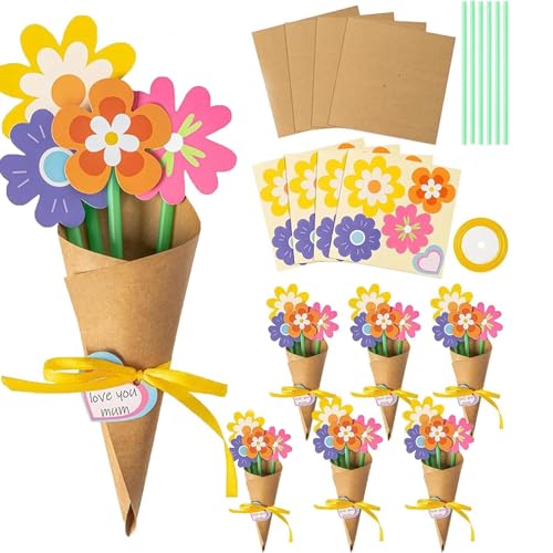 AYZDJ Kit de 6 bouquets de fleurs faits à la main pour la fête des mères – Bricolage de fleurs en papier pour enfants, créez votre propre carte et ensemble de bouquet, école ou la salle de classe