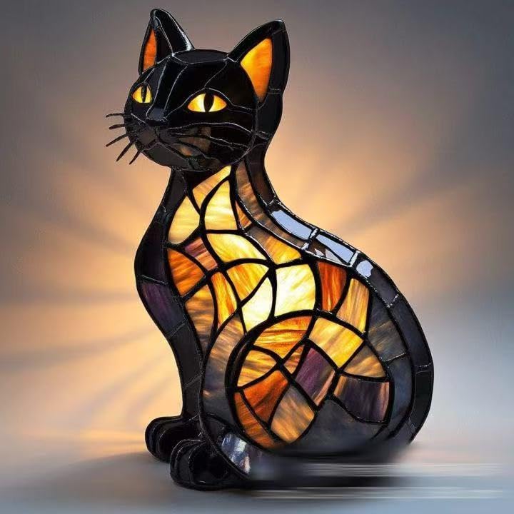 Yevheniy Cat Lamp, Cats Series Art Night Light, 3D Cute Pet Vintage Home Decor, Retro Stained Resin Tabletop LED Night Light, Fun Gift for Dog Lover (Cat-B)
