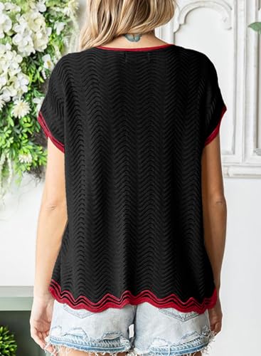 Dokotoo Womens Summer Tops Casual Short Sleeve Wavy Crochet Crewneck Color Block Lightweight Knit Loose Pullover Sweaters2