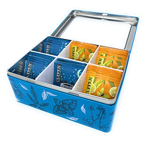 Perfekto24-Teebox-Teekiste-aus-Metall-mit-aufklappbarem-Deckel-Teedose-mit-6-Faechern-fuer-Teebeutel-als-Teebeutelbox-und-Schmuckkaestchen-aus-Weissblech-kein-Aromaverlust-blau