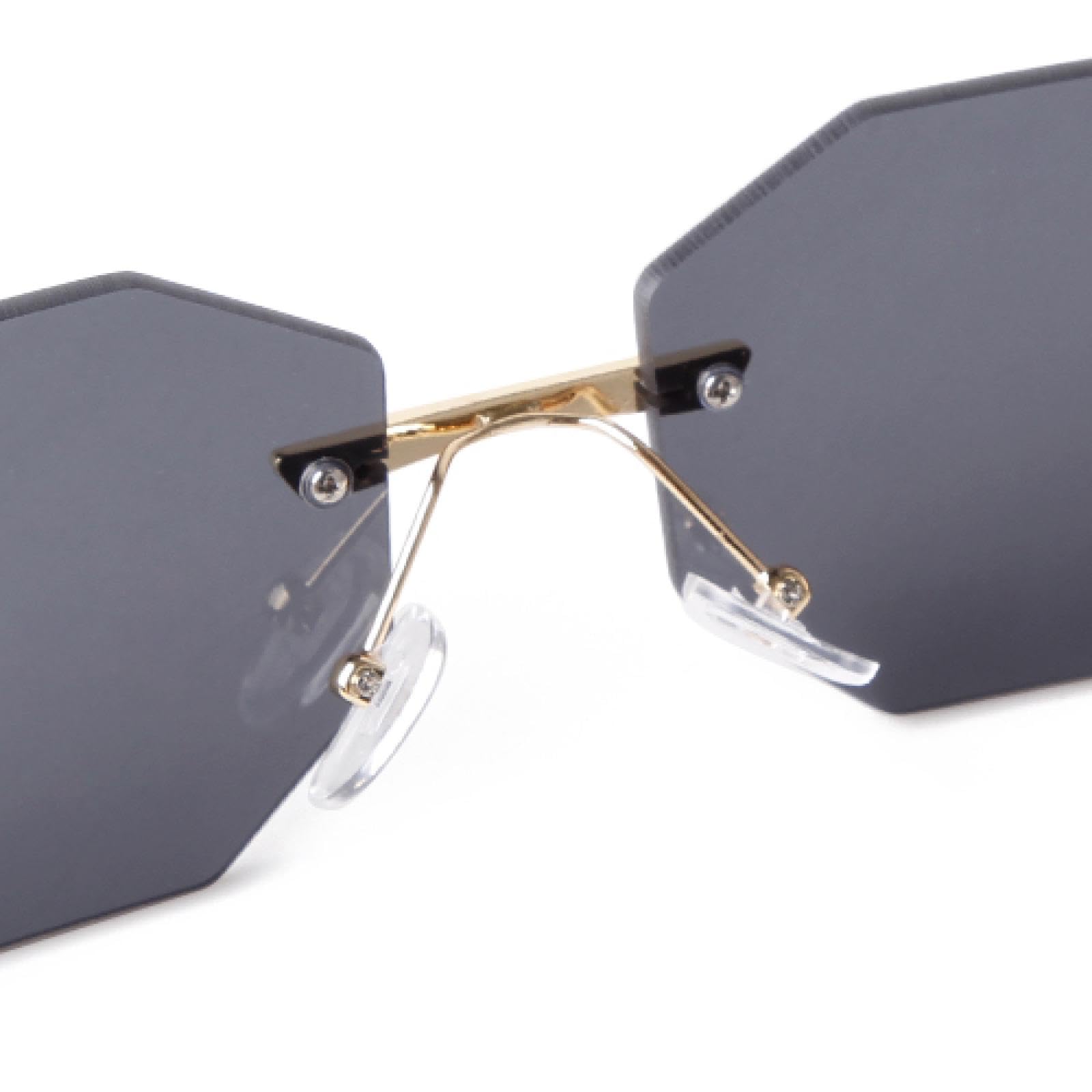 Occhiali da sole poligonali senza montatura da uomo in metallo alla moda per le donne con lenti sfumate e senza montatura