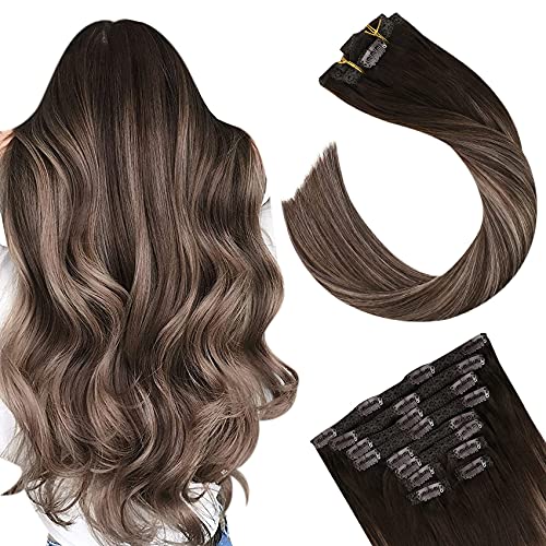 Ugeat Clip in Human Hair Extensions Remy #4 18 4 Dark Brown to Ash Blonde with Dark Brown Balayage Hair Extensions Clip in Straight Real Hair Extensions Natural Hair 10pcs 100g 16 inch