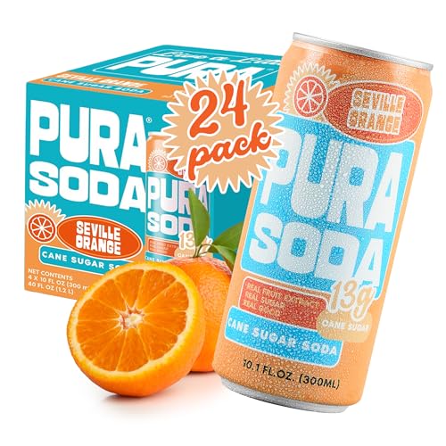 Image of PuraSoda Seville Orange - 12g Pure Cane Sugar Soda, 10 Fl Oz, Pack of 24 | Real Fruit Extract, Non-Gmo Vegan, No Stevia Or Artificial Sweeteners, 13g Cane Sugar, 10 Fl Oz Cans