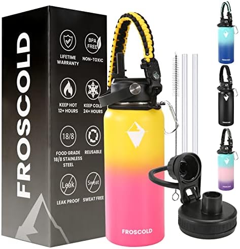 Froscold Insulated Water Bottle with Straw Lid & Paracord Handle, Sport Water Bottle with Strap & Handle, 32oz Double Wall Wide Mouth Stainless Steel Thermal Water Flask, Keeps Hot or Cold (Nectarine)