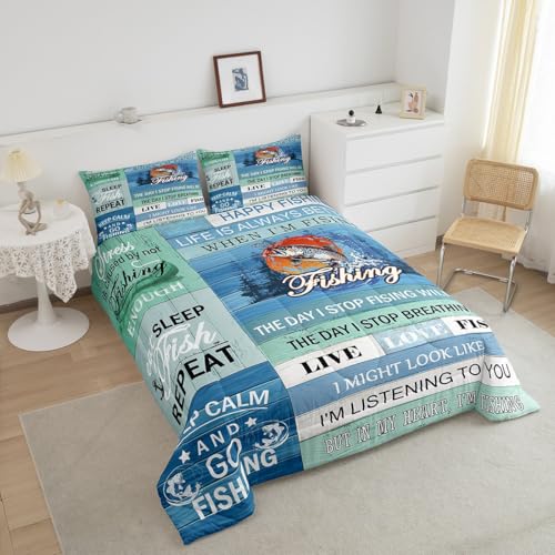 Image of Feelyou Kids Happy Camping Duvet Insert Twin Size, Big Pike Fish Comforter Set Boys Girls for Lake House Bedding Set RV Camping Teens Bedroom Decor with 1 Pillow Case