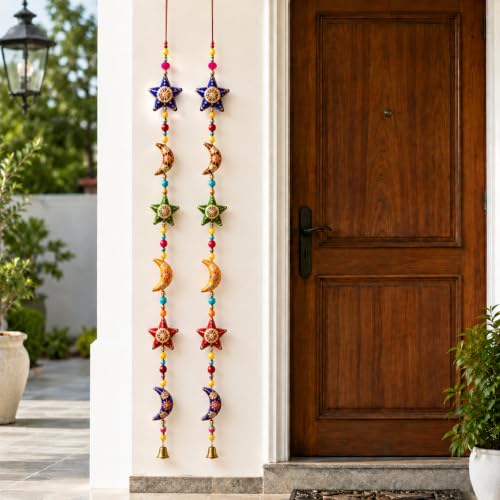 Image of Bindian Toran for Main Door, Decorative Door Thoranam Hanging, Diwali Decoration for Home Entrance, Wall Decor Hanging Ornament, Traditional Festive Welcome Decor for House (Star Moon Pack of 2)