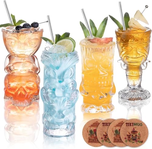 USEEKRIL 4er-Set transparenter Tiki-Gläser exotische Tropische Cocktailgläser mit Strohhalmen und Untersetzern Tiki Becher im Hawaii-Stil für Cocktails Mai Tai Zombie und Pia Colada