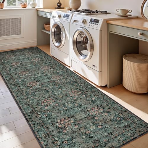 Lunasun Boho Dark Green Botanical 2x6 Washable Long Kitchen Runner Rug - Floral Throw Rug for Hallway, Bathroom, Indoor Entrance, Laundry, Bedroom - Soft Vintage Front Door Mat with Low Pile Non Skid — view 5