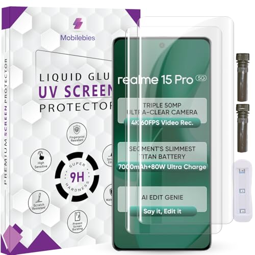 Image of Advanced HD+ UV Tempered Glass Screen Protector For Realme 15 Pro (6.8 Inch, Pack of 2) Full Adhesive UV Curved Screen Guard, Case Friendly with installation kit