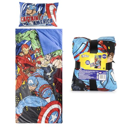 Image of Jay Franco Kids Slumber Bag and Pillow - 54 x 27 Inch Comfy Indoor Sleeping Bag for School and Sleepovers, 2 Piece Set, Blue - Avengers