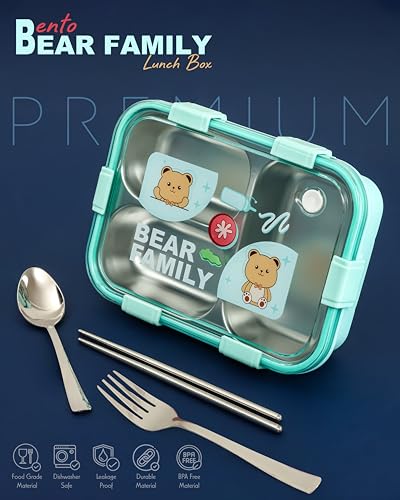 Image of Brand Conquer Lunch Box Leak-Proof BPA Free Stainless Steel for School, Lunch Box for School & Office with a Fork, a Spoon and a Pair of Chopsticks (Green, Bear Family 3 Compartment)