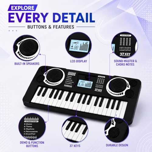 Image of Braintastic Kids Piano Keyboard with Microphone, 37 Keys, 8 Rhythms, 8 Tones with 6 in-Built Demos & Song Recording Feature for Boys & Girls (Black Mini)