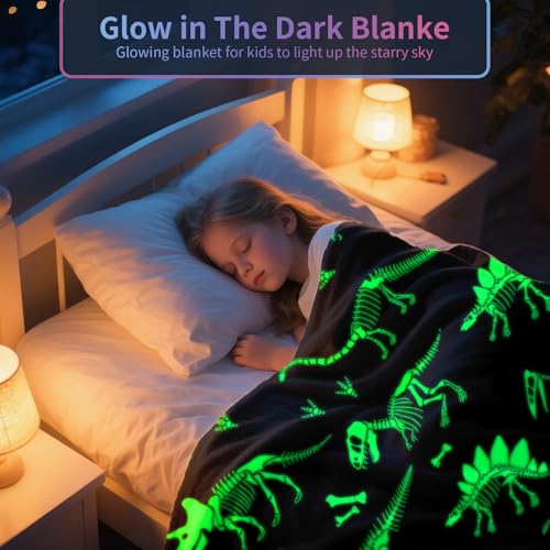 Image of TEHALK Dinosaur Glow in The Dark Blanket for Boys /Girls /Toddler /Baby, Dinosaur Toys for Boy Age 3-12, Cute Funny Kids Throw Blanket for Birthday /Gifts 40 inchx 60 inch