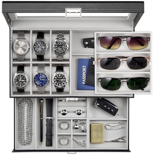 ProCase Caja Joyero para Hombres, Organizador Relojes 6 Espacios con Cerradura + 3 Ranuras para Gafas y Compartimentos para Anillos,Cadenas y Accesorios,PU Cuero,Tapa de Cristal - Negro