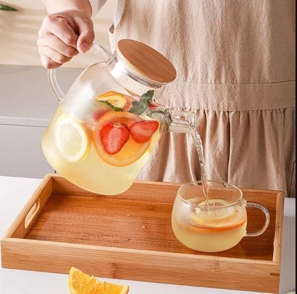 Image of Glass Jug with Lid Ice Tea Water Jug Hot Water Ice Tea Drinking Beverage Jug, Water Jug Glass Material with Wooden Lid, 1.8 Liter (TRANSPERENT)