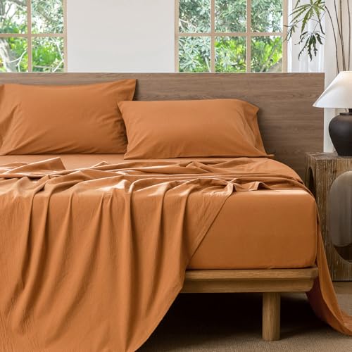 Image of MooMee Bedding Sheet Set 100% Washed Cotton Linen Like Textured Breathable Durable Soft Comfy (Solid Burnt Orange, Twin)