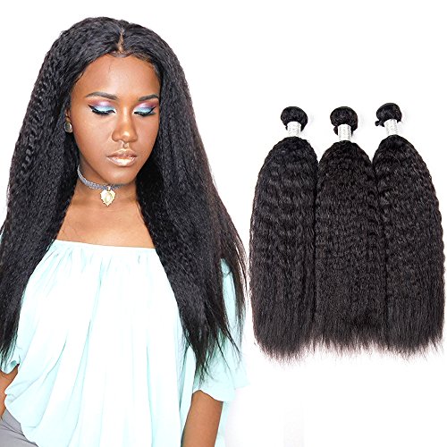 FeiBin Brazilian Yaki Straight Human Hair 3 Bundles Virgin Hair Wave Weft Unprocessed Weave Afro Kinky Straight 100% Human Hair Extensions Natural Color (14 16 18 Inch)