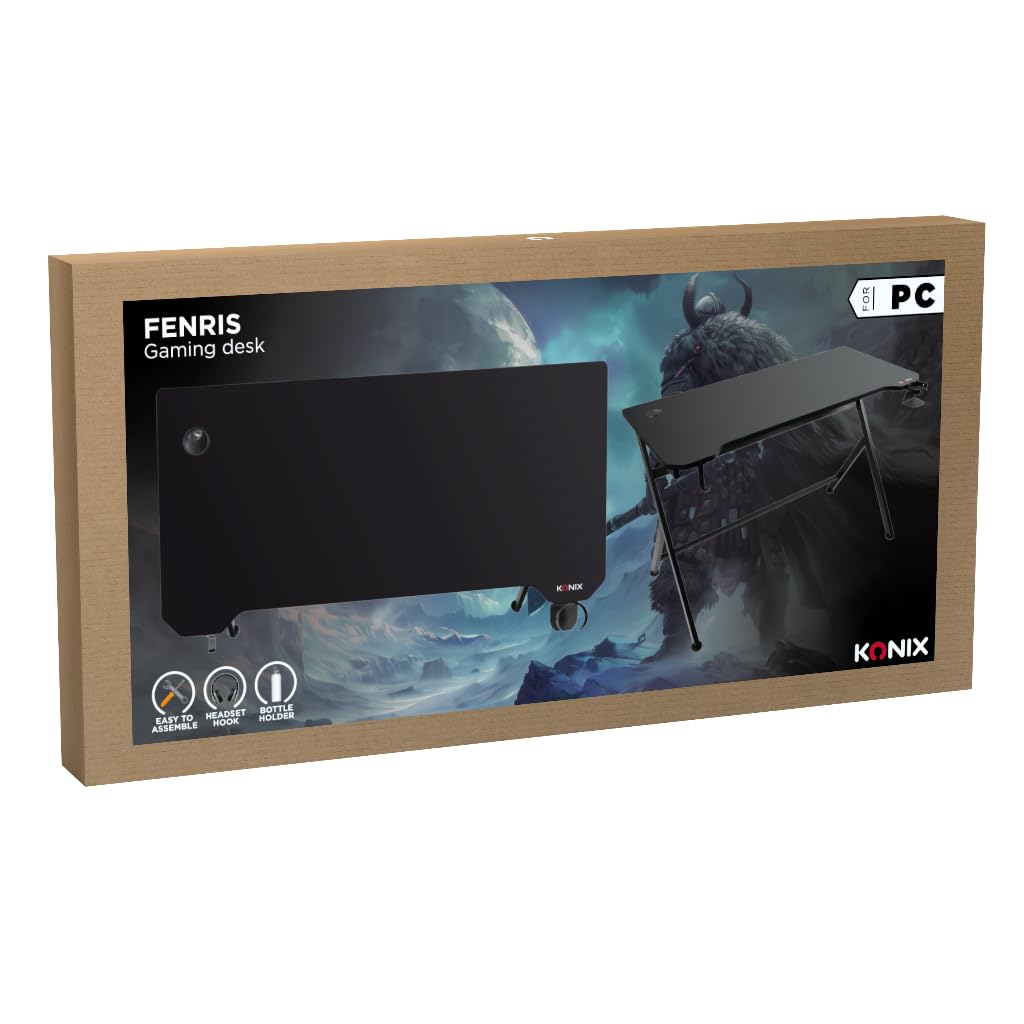 Konix Scrivania gaming Fenris 120 x 60 x 78 cm a forma di Y - Piano del tavolo in legno e metallo - Portabicchieri - Supporto per cuffie - Nero
