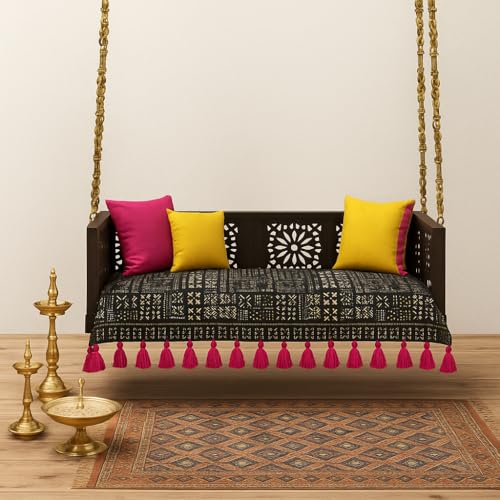 Image of Black Tribal Wooden Swing Seat Cover with Tassels | 2.5 Ft Indian Jhoola Bench Cover for Indoor Outdoor Swing | Solid Wood Swing Jhula Cover for Courtyard, Verandah, Balcony, Living Room Decor