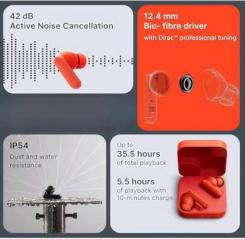 Image of Wireless Earbuds with 42dB ANC | Orange, Bluetooth 5.4 | 35.5H Battery Life | IP54 Water Resistant | 4 HD Mics | ChatGPT Integration | Fast Charging | 12.4mm Bio-Fibre Driver | (NOTH Square) (Orange)
