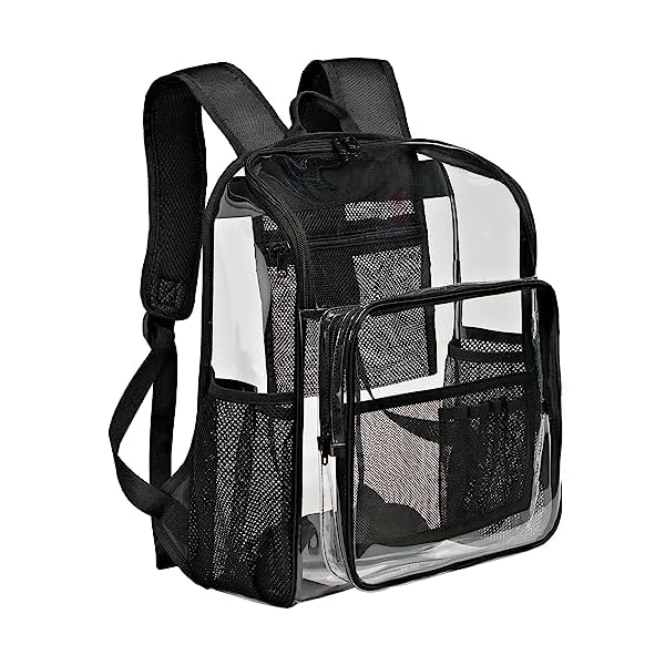 Clear-Backpacks-for-School-Large-Clear-Bookbag-with-Multi-Pockets-PVC-Transparent-Backpack-for-College-Work-Black KUI WAN Clear Backpack for School Large Clear Bookbag with Multi-Pockets PVC Transparent Backpack for Boys Girls, Black