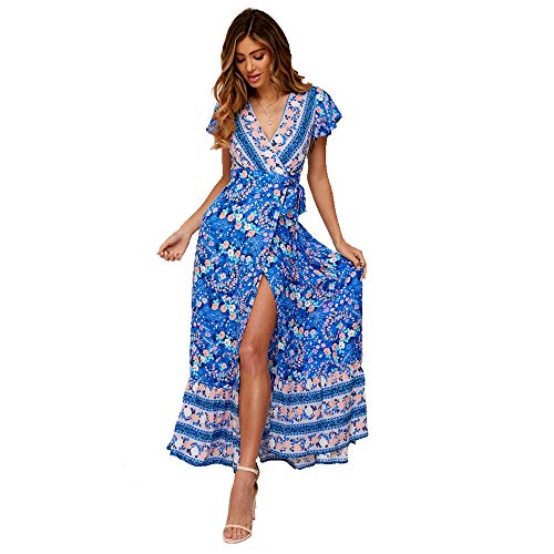 StarLifey Mujeres Boho Cuello en V Profundo Gasa Floral Wrap Vestido Largo Dividido Largo