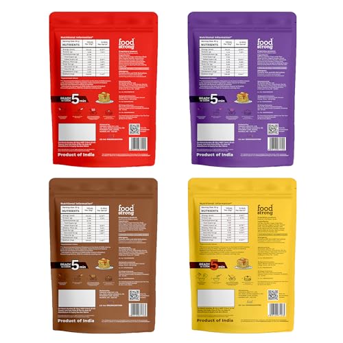 Image of Foodstrong Oats & Millets Pancake Mix (Vanilla, Chocolate, Blueberry & Choco Chip), High Protein & Fibre, No Maida, No Refined Sugar - With Jaggery, Eggless Instant Breakfast Mix 250g x Pack of 4