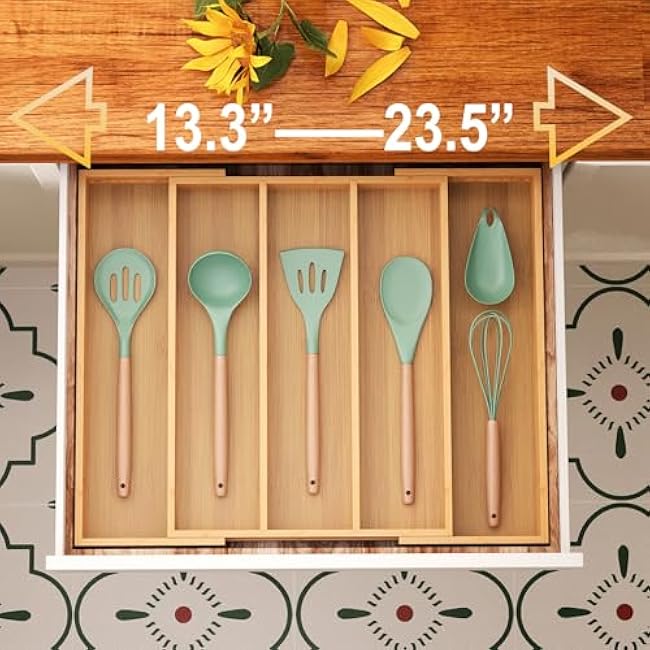 Expandable Kitchen Drawer Organizer,Bamboo Silverware Organizer,Adjustable Flatware Tray for Utensils(16.92 * 13.30~22.83 * 1.96)