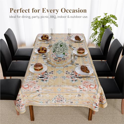 Image of Kuber Industries 60x90 Inch PVC Dining Table Cover 6 Seater Waterproof | Dining Table Cover /Sheet for Party and Events | Passion Flower Print - Light Brown