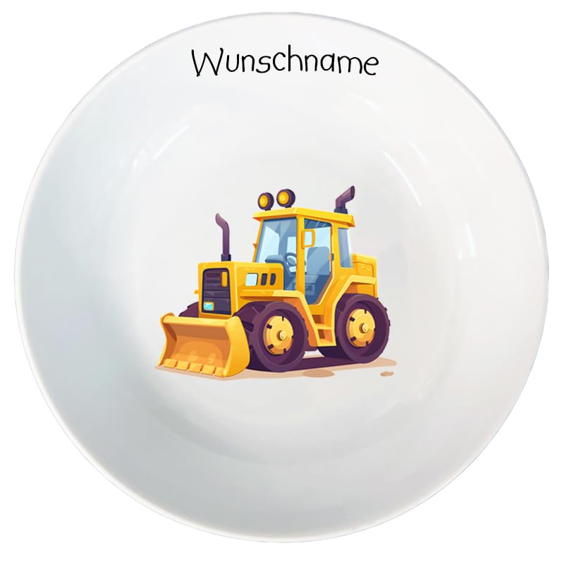 Kindergeschirr personalisiert - Frühstücksservice 3-tlg. Porzellan Teller Becher Schale personalisierbar mit Wunschname Name Frühstücksset mit Namen personalisiert (Radlader)