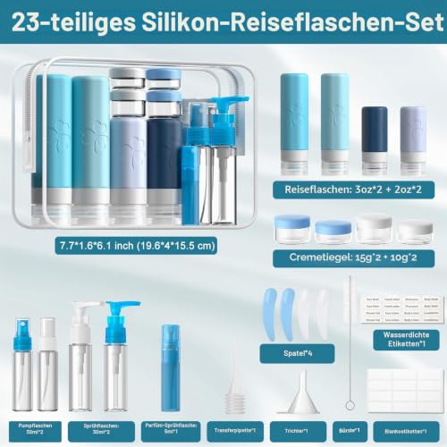 INSFIT 23 Stück Reiseflaschen Zum Befüllen, 90 ml und 60 ml Silikon Reiseflaschen Set, TSA genehmigte Reiseset Flüssigkeiten, Auslaufsichere Reisegröße Behälter Reise Gadgets