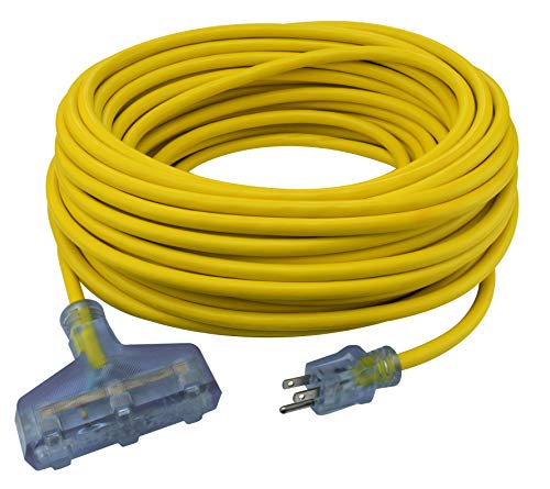 ❤ Crazy Deals Prime LT611835 100-Foot 12/3 SJTOW Bulldog Tough Heavy Duty Triple-Tap Extension Cord with PrimeLight Indicator Light, Yellow