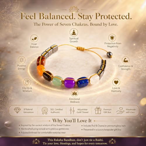 Image of Phool Super Chakra Rakhi for Brother with Pyrite Stone | 7 Chakra Healing Crystal rakhi Bracelet | Lab Certified | Sacred Gemstone Beads with Roli Chawal | Adjustable Raksha Bandhan Rakhi Gift for Bhai