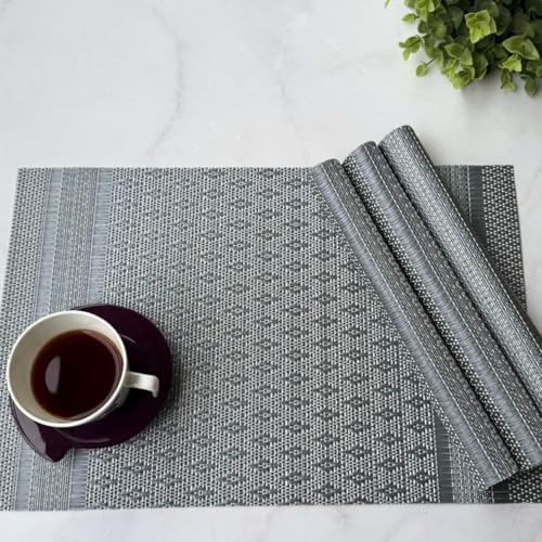 Image of Livmodern Premium PVC Dining Table Mats for 4 Seater| Woven PVC Placemats | Heat Resistant & Anti Skid Table Mats| Wipeable & Washable Set of 4 - Grey Weave