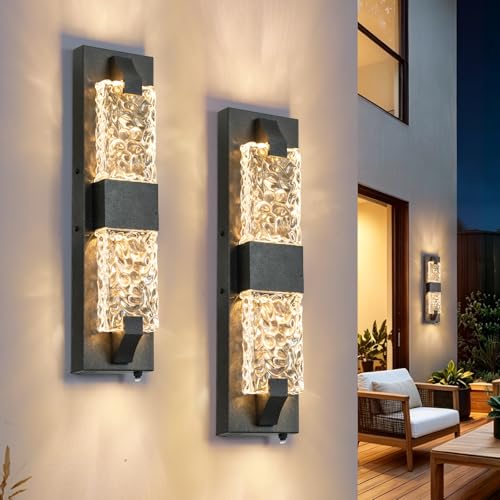 Image of Outdoor Wall Light, 12W 18.5 inch Dusk to Dawn Porch Lights, 2 Pack Black | IP65 Waterproof, Crystal Ripple Design, Oversize Modern Exterior Sconce, Hardwired,Auto On /Off,for House Garage Entryway