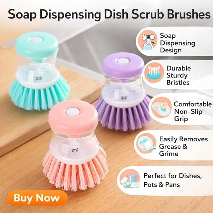Image of Dish Scrub Brush with Soap Dispenser | Liquid Filling Kitchen Scrubber | Easy Press Cleaning Brush for Utensils | Sink & Home Use Pack of 4
